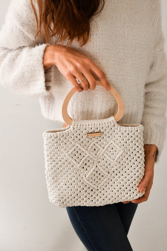 Sac blanc écru anse en bois